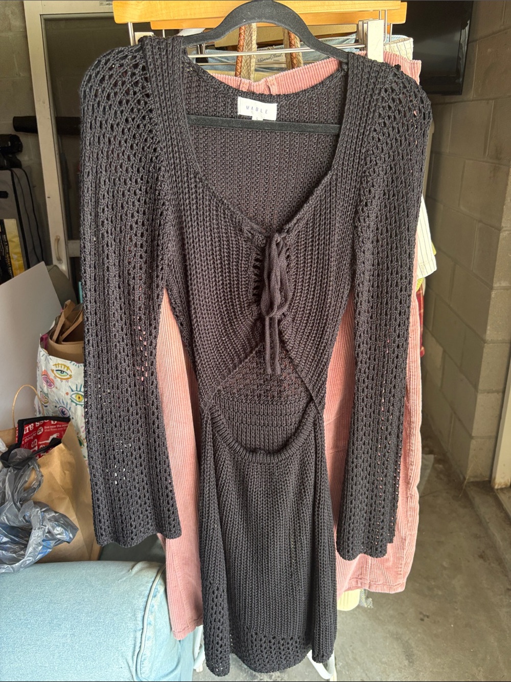 Waldo Black Crochet Tie-Front Long Sleeve Dress